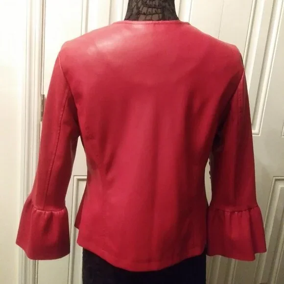 Red Faux Leather Pleather Jacket Collarless Ruffle Sleeve Alfani Petite Medium - Picture 4 of 10
